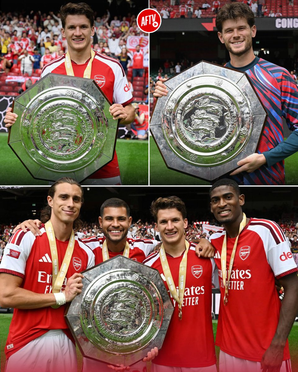 AFTVMedia's tweet photo. They came to Arsenal to 𝐖𝐈𝐍 𝐓𝐑𝐎𝐏𝐇𝐈𝐄𝐒! 🏆❤️

And they’ve already got their hands on the first one! 🤩🔥 https://t.co/vjgvgw4cIy