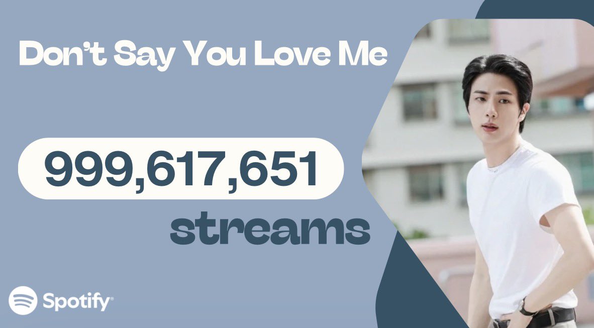 SEOKJINFR's tweet photo. 📊 “Don’t Say You Love Me” by Jin has surpassed 999 million streams on Spotify! 🎉

Gain as of 8/15: +1,250,511 (+70,537)🔥👏🏻 Gap to 1B: 382,349 😭😭😭

PANIC STREAM DSYLM
#DSYLMto1B https://t.co/EXuWBihXBl