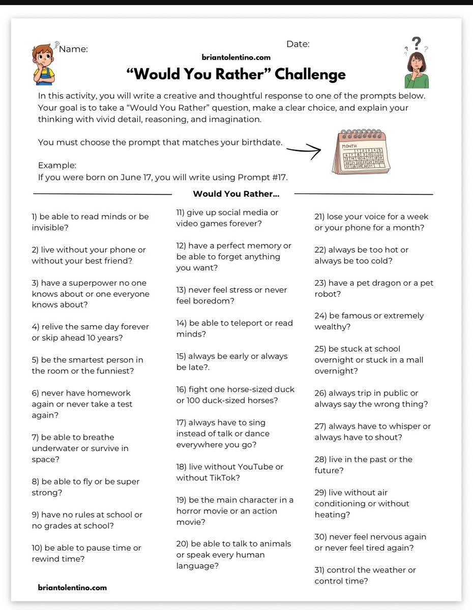 TolentinoTeach's tweet photo. “Would You Rather” Challenge!

Link: https://t.co/AochSPW727 https://t.co/UMcs9uH3C0
