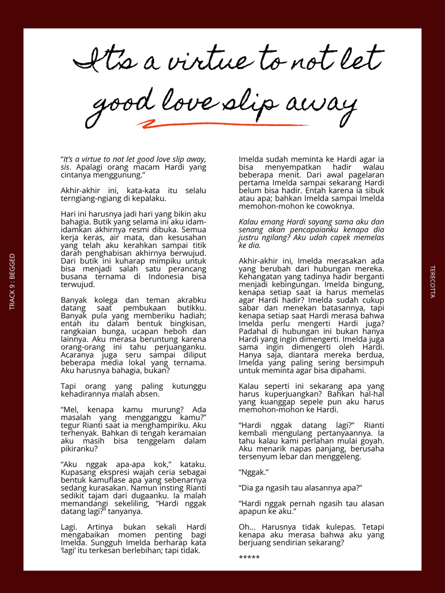 terecotta's tweet photo. It's a virtue to not let good love slip away. 
—
#hardimelda #lyseminiz flash fiction
[Narrated by Imelda] https://t.co/57IYpedjX6