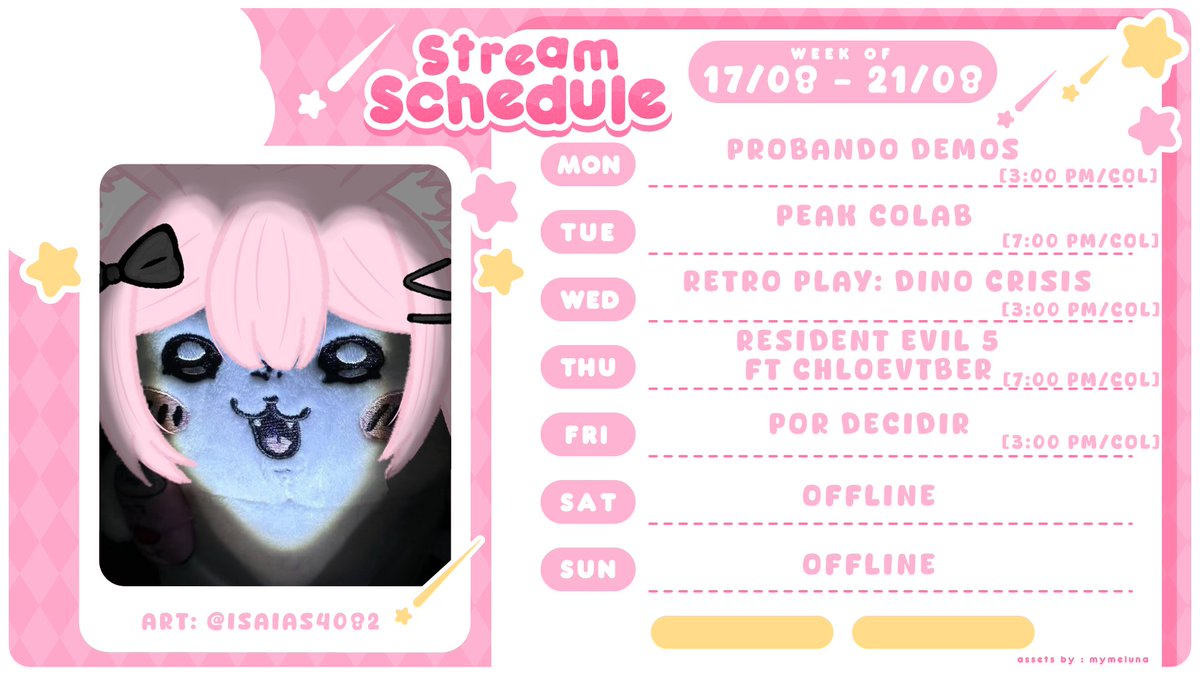 Caynius's tweet photo. 🌸Horario de la semana ( ╹꒳╹ )
~ 17 agosto - 21 agosto ~
🟣https://t.co/chSdgvtICz
Oshi Mark:✨🌸
General: #Caynius
Clips: #Caynews
Fanarts: #CayArt
NSFW: #Cayniudes
#VtuberES #twitch https://t.co/QwWtJTowD8