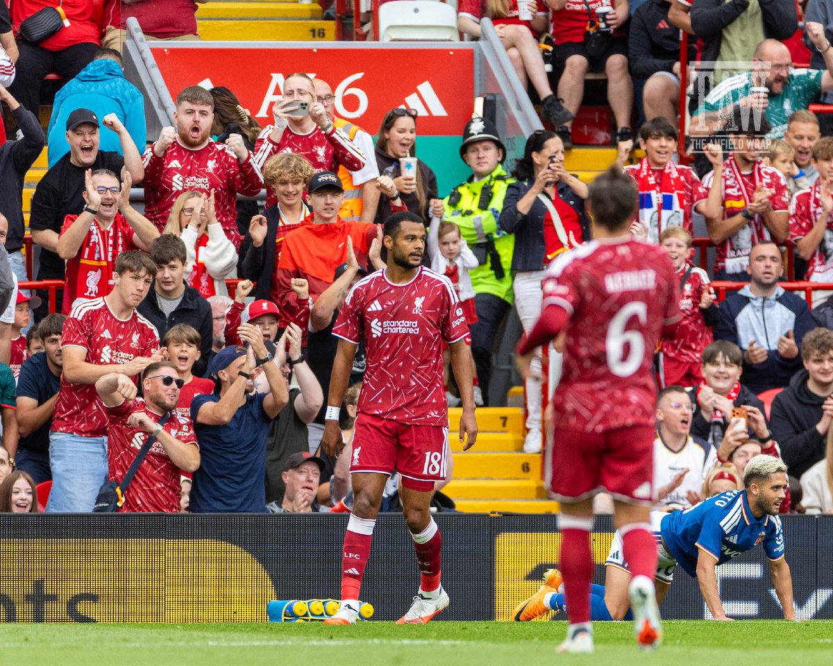 TheAnfieldWrap's tweet photo. Another top first half display from the Reds as they take a two goal advantage into the dressing room with them at half time. Frimpong, Gakpo and Jacquet the standouts 💪

Download The Anfield Wrap app now for all of our post-match reaction 📲 https://t.co/9XjSV5lxTa