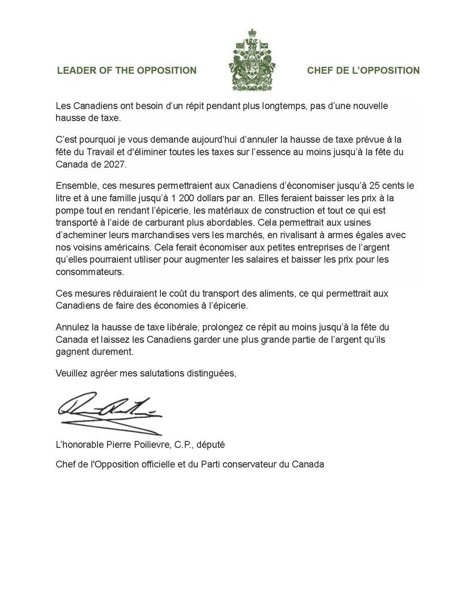 PierrePoilievre's tweet photo. Monsieur le premier ministre,

Annulez la hausse de la taxe sur l'essence prévue pour la fête du Travail.

Éliminez toutes les taxes sur l'essence jusqu'à au moins la fête du Canada de 2027 afin de permettre aux familles d'économiser 1200$ : https://t.co/c3zncaQCE7 https://t.co/zDhv0eYjso