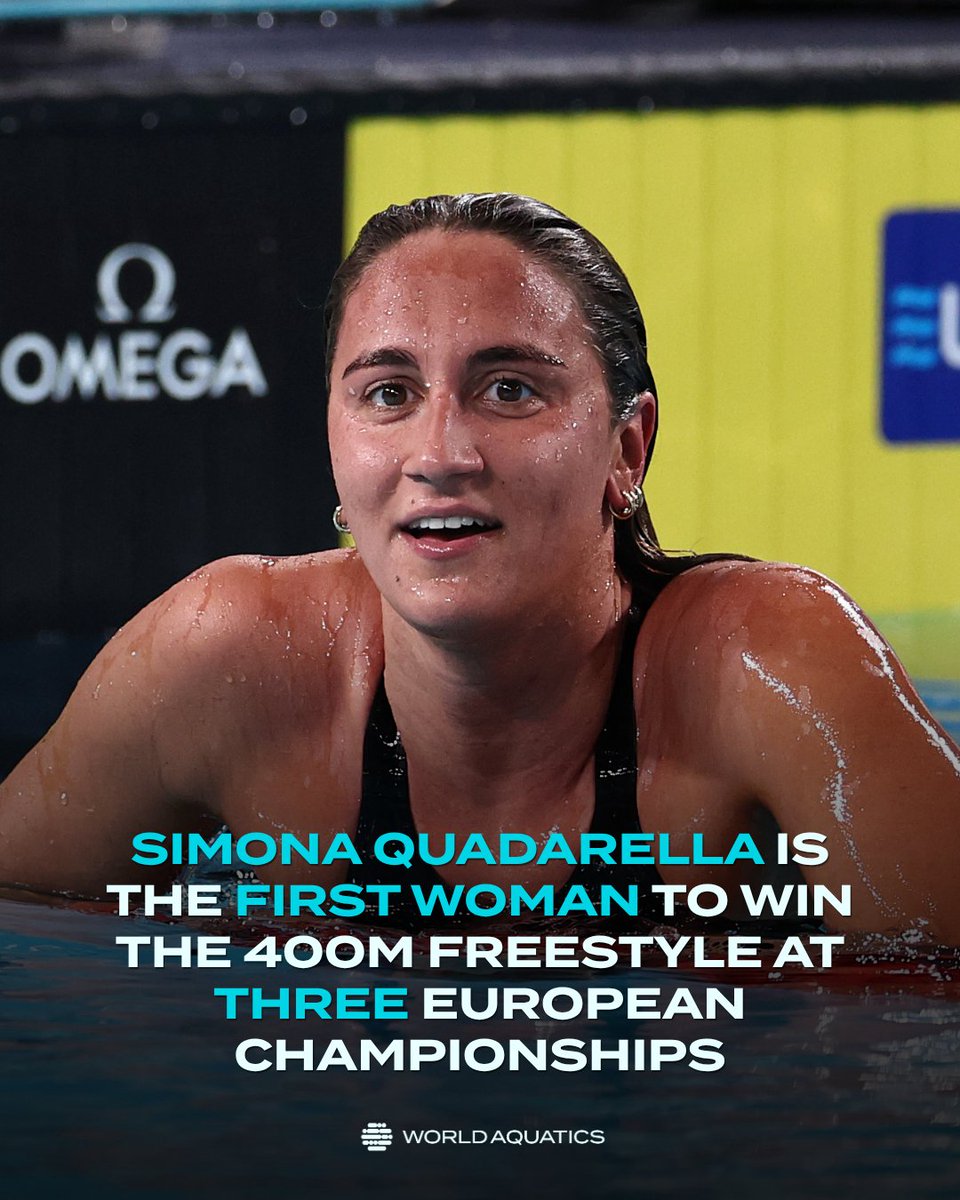 WorldAquatics's tweet photo. Three European Championships. Three 400m freestyle titles. 🥇🥇🥇

Glasgow 2018 → Budapest 2021 → Paris 2026

Simona Quadarella makes history as the first woman to win the European 400m freestyle title three times. 🇮🇹🔥 https://t.co/FSEGcGocry