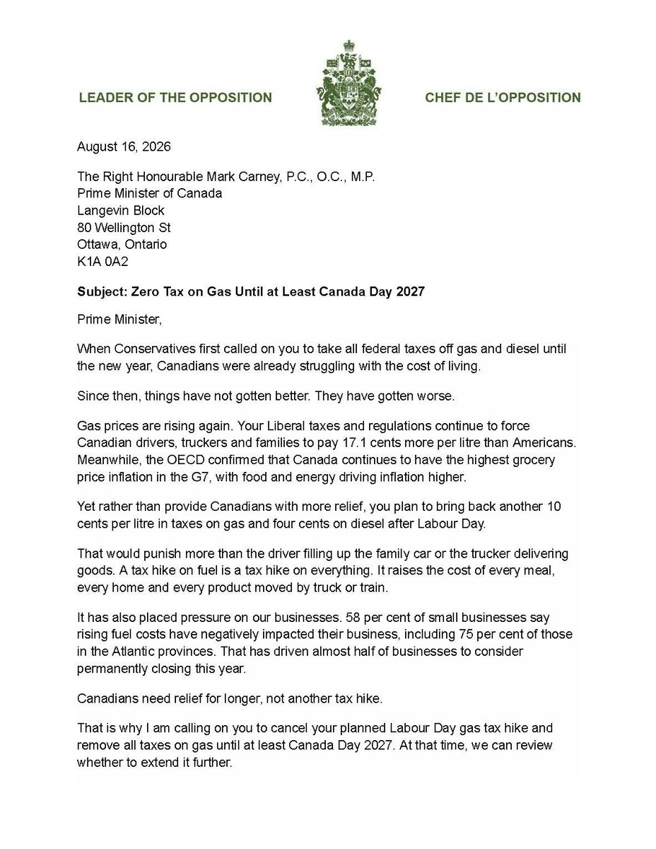 PierrePoilievre's tweet photo. Prime Minister,

Cancel your Labour Day gas tax hike.

End all gas taxes until at least Canada Day 2027 to save families $1,200: https://t.co/n5sYnbfWBD https://t.co/QvakekD1Px