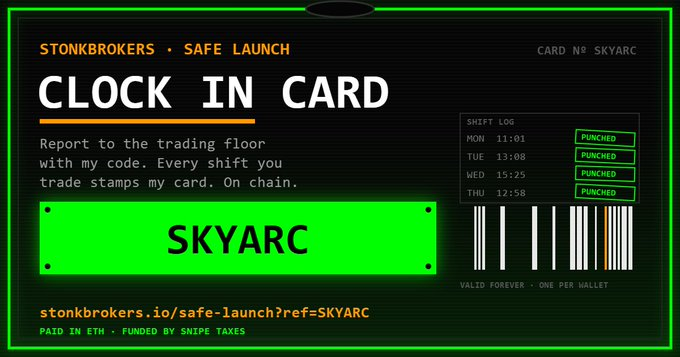 SkyArc1x's tweet photo. @realstonkbroker DeFi + NFTFi on Robinhood Chain by @ClutchMarkets.
4,444 broker NFTs (ERC-6551 wallets) that earn real tokenized stock rewards (AAPL, NVDA, etc.) via Anvil AMM fees.
Paired with $STONKBROKER. Fully minted. Live now. 
 
Now, Safe Launch goes live Mon Aug 17th.
Permissionless anti-snipe launchpad: 99% tax that decays 1% every minute.
Anyone can launch a token → raise bonds into permanently locked LP. No rugs.  The future of fair launches + stock earning NFTs on Robinhood Chain. 
You can signup with https://t.co/XNv2wDI9bK
DYOR NFA