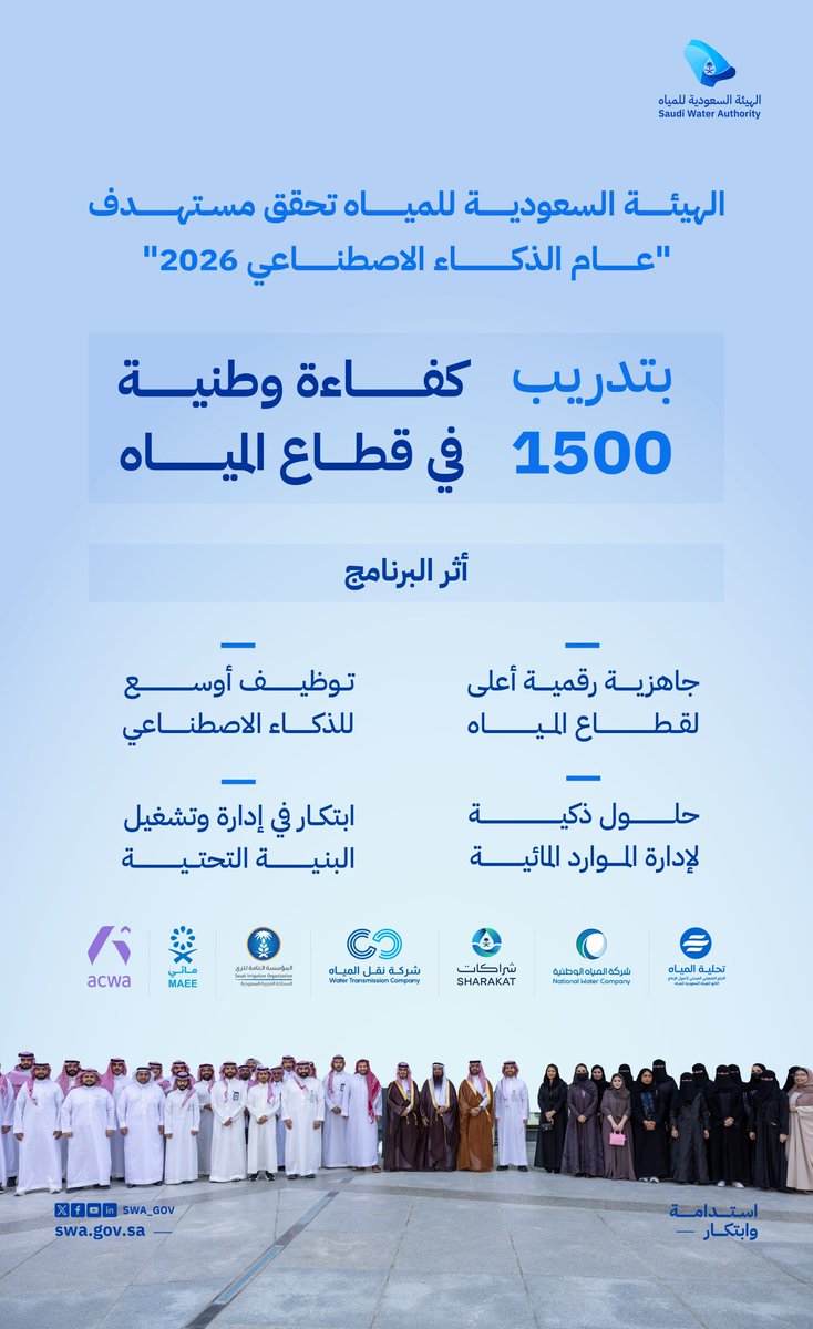 swa_gov's tweet photo. نحو بناء قدرات وطنية تعزز جاهزية قطاع المياه، درّبت الهيئة 1500 كفاءة وطنية ضمن برنامج تنمية قدرات الذكاء الاصطناعي، محققةً مستهدفات عام الذكاء الاصطناعي 2026. https://t.co/mVsFrsI6Nc