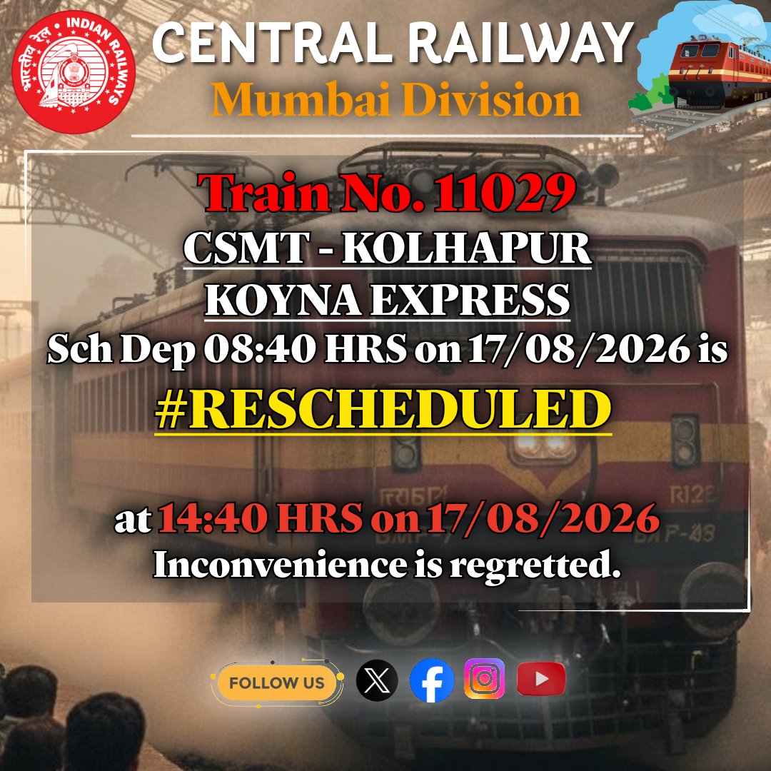 drmmumbaicr's tweet photo. 📢 #RESCHEDULED_Alert of Train No. 11029  CSMT - KOLHAPUR KOYNA EXPRESS

@Central_Railway
@YatriRailways https://t.co/lNqHVk2V42