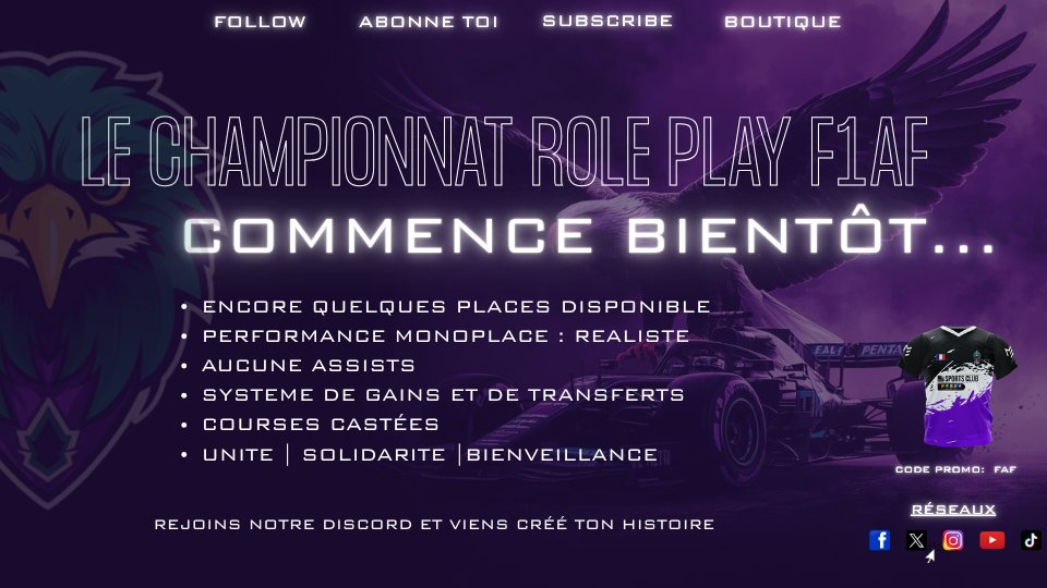 LigueFAF's tweet photo. Après des congés mérités : Notre ligue Rôle Play reprend ses droits !

Programme (si Line-up Complet)
- 29/08 21h : Live présentation S13
- 30/08 21h : Test de Présaison
- Chaque dimanche 21h : Grand Prix (sur Twitch)

Pilote ou Spectateur? Rejoins la F1AF et créé ton histoire ! https://t.co/z8MQT4GMM1