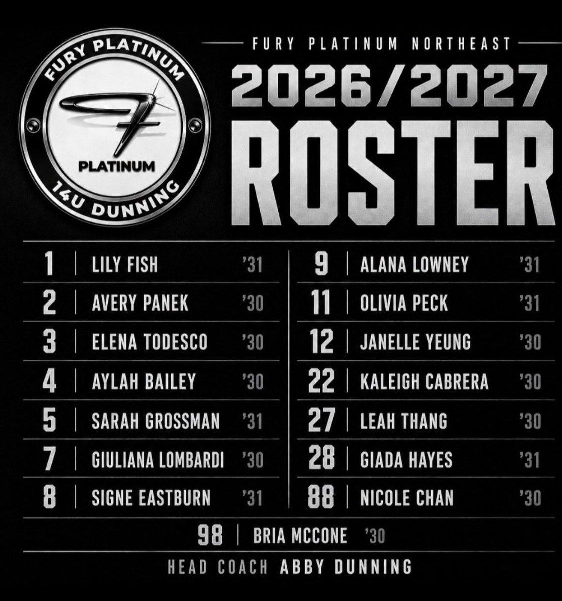 FPNE14UDunning's tweet photo. Introducing your 2026-27 Fury Platinum 14U Dunning Team.  @NEFLfastpitch @thealliancefp @FuryPlatinum @DiamondAddicts https://t.co/RzogzanRUI