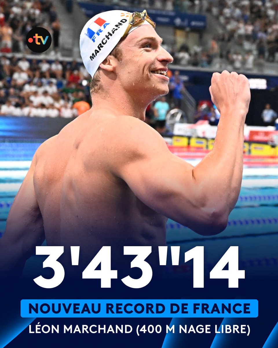francetvsport's tweet photo. 🏊 #Paris2026 | 👑 RECORD DE FRANCE POUR LE ROI LÉON !

🇫🇷🤯 Aligné pour la première fois sur 400 m nage libre dans une compétition internationale, Léon Marchand a décroché le titre européen en battant le RECORD DE FRANCE de la distance ! https://t.co/C5BjQj3zvP