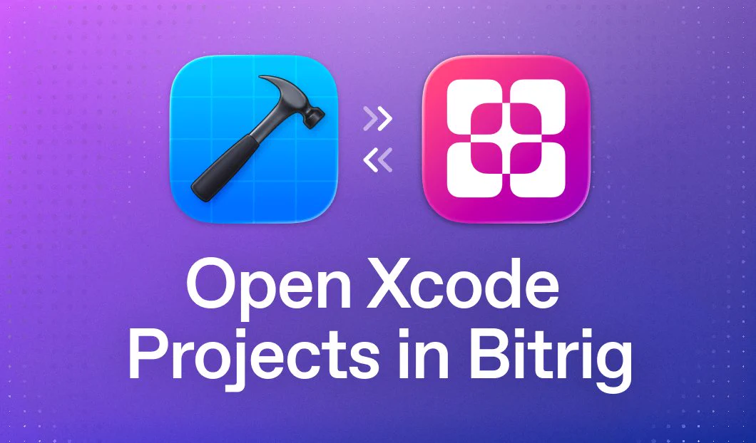 Icons for Xcode and Bitrig are centered on a gradient background, highlighting the ability to open Xcode projects in Bitrig.
