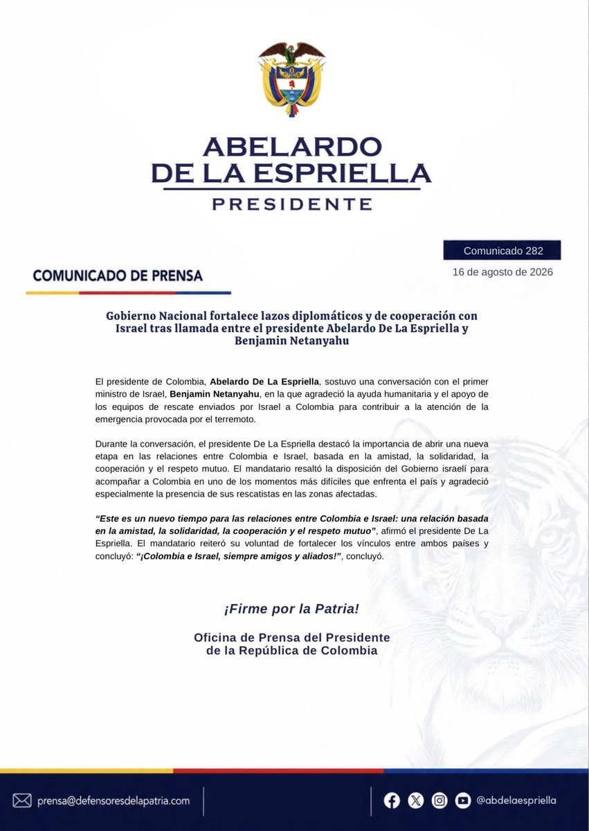 defensoresco's tweet photo. #ATENCIÓN | El presidente de la República, Abelardo De La Espriella, sostuvo una conversación con el primer ministro de Israel, Benjamin Netanyahu, en la que reafirmaron los lazos de amistad y cooperación entre ambos países.

El mandatario agradeció la ayuda humanitaria y el apoyo de los equipos de rescate enviados por Israel para atender la emergencia provocada por el terremoto.