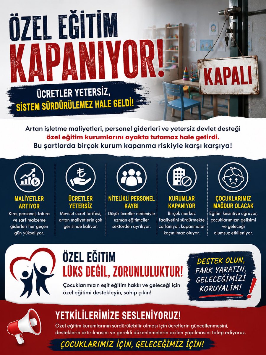 cahitfirat's tweet photo. ÖZEL EĞİTİM SÜRDÜRÜLEMEZ HALE GELİYOR!
Çocuklarımızın geleceği için büyük emek veren özel eğitim ve rehabilitasyon merkezleri, mevcut ücret ve desteklerin yetersizliği nedeniyle hizmetlerini sürdürmekte zorlanıyor.
#özeleğitimkapanıyor https://t.co/gzOHj181B6