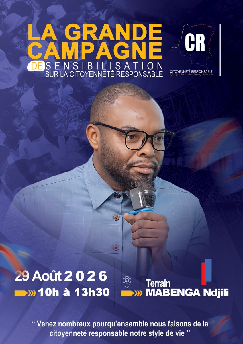 CITOYENNETE_Res's tweet photo. 29 AOÛT 2026 — TERRAIN MABENGA, N’DJILI

LANCEMENT OFFICIEL ET POPULAIRE DE LA STRUCTURE « CITOYENNETÉ RESPONSABLE »

Le développement de notre pays est l’affaire de tous. Chaque citoyen a un rôle à jouer.
Pour construire un Congo plus fort, plus juste et plus prospère, il est essentiel que chaque citoyen connaisse ses droits, ses devoirs et la responsabilité qui lui revient dans la société.

Cette grande campagne vise à informer et sensibiliser la population sur les missions et responsabilités des différentes institutions de l’État, afin que chacun puisse mieux comprendre qui fait quoi et savoir à qui adresser ses préoccupations.

Nous ne pouvons pas seulement nous plaindre de ce qui n’a pas été fait. Nous devons également nous interroger sur ce que nous pouvons faire, à notre niveau, pour contribuer au changement.

La Citoyenneté Responsable est une initiative apolitique, patriotique et participative, qui ambitionne de faire de la responsabilité citoyenne un véritable mode de vie au service du développement durable de la République démocratique du Congo.

Un citoyen informé est un citoyen engagé.

Un citoyen engagé contribue au développement de son pays.

Congo Likolo — Congo Liboso !