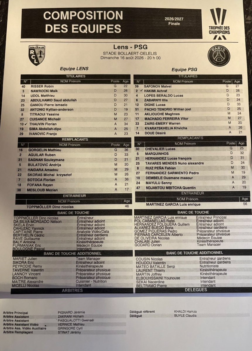MacSpace__'s tweet photo. La feuille de match de ce Trophée des Champions #RCLPSG avec Safonov dans les buts.

Hakimi cap. Pacho/Zabaryni en def centrale. Lucas Digne première.

Vitinha/Warren Zaïre-Emery/Beraldo

Kvara/Doué/Akliouche pour mener l’attaque parisienne 🔴🔵 #RCLPSG | #TrophéedesChampions https://t.co/s4B7dRAXMK