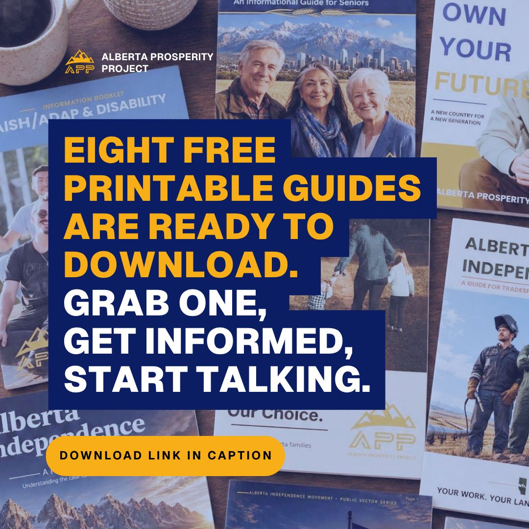 ABProsperityPrj's tweet photo. There's a guide for how your family actually talks about this. Seniors. Young adults and grads. Trades people. Public sector workers. Women. Families. AISH and disability. A general guide if you're not sure where to start. Eight booklets, free to download, built to hand out at your own kitchen table.

You don't need a stage or a podium to change a mind. You need a pot of coffee, some treats, and people who trust you enough to listen. Print a few copies. Invite the people you care about. Let the facts do the talking, and give them something to take home when the conversation's over.

Ottawa has a taxpayer-funded broadcaster as its mouthpiece. Albertans have something it can't buy: family, neighbours, and community.

Nobody changes their mind from a headline. They change it around a table, with someone they trust, holding something they can read for themselves.

Download your booklet. Host the conversation. Alberta wasn't built in a day, and it won't be decided by a slogan either.

Get your free copy at https://t.co/i1SV4LvXx9