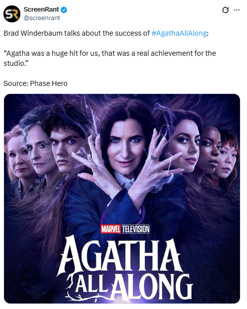 BruceWayne9851's tweet photo. Some of you are so blatantly homophobic and sexist toward Agatha All Along that you paint it as a flop because of its LGBTQ+ and female-led cast, when it literally outviewed Daredevil, one of Marvel's biggest heroes, and was called a huge success by Marvel's executive producer. https://t.co/k7hO99jIzV