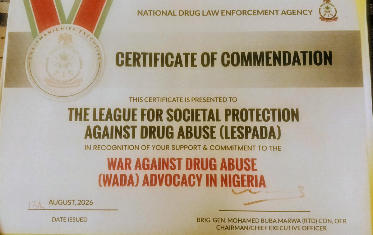 mairohassan's tweet photo. LESPADA is honoured to receive a Certificate of Commendation from the NDLEA Chairman/CEO, Brig. Gen. Buba Marwa (Rtd), CON, OFR.
We are grateful for this recognition. This award is dedicated to our amazing volunteers who have steadfastly stood by me. Thank you for believing in me https://t.co/uLxtOd3x9d