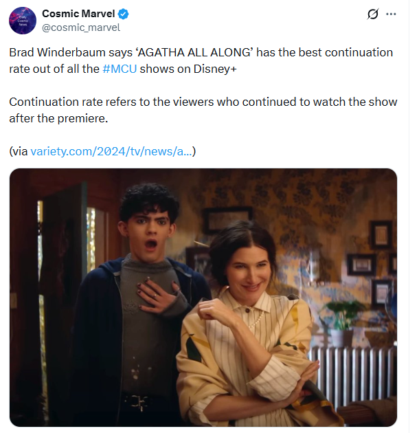 BruceWayne9851's tweet photo. Some of you are so blatantly homophobic and sexist toward Agatha All Along that you paint it as a flop because of its LGBTQ+ and female-led cast, when it literally outviewed Daredevil, one of Marvel's biggest heroes, and was called a huge success by Marvel's executive producer. https://t.co/k7hO99jIzV