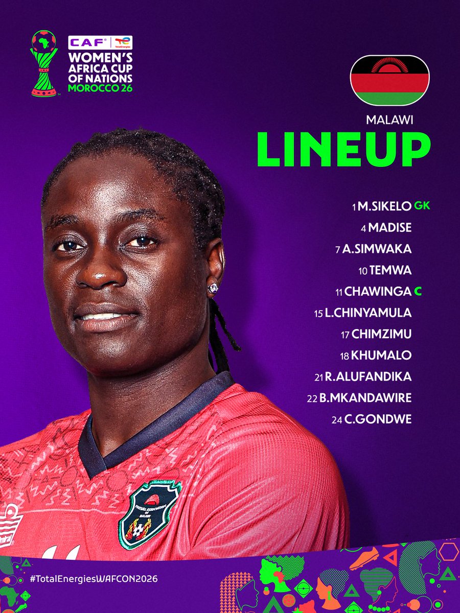 CAFwomen's tweet photo. Starting XIs! 📋
Each side's title-chasing 11. 🇨🇲🇲🇼
#TotalEnergiesWAFCON2026 https://t.co/TFXLB5jYzL