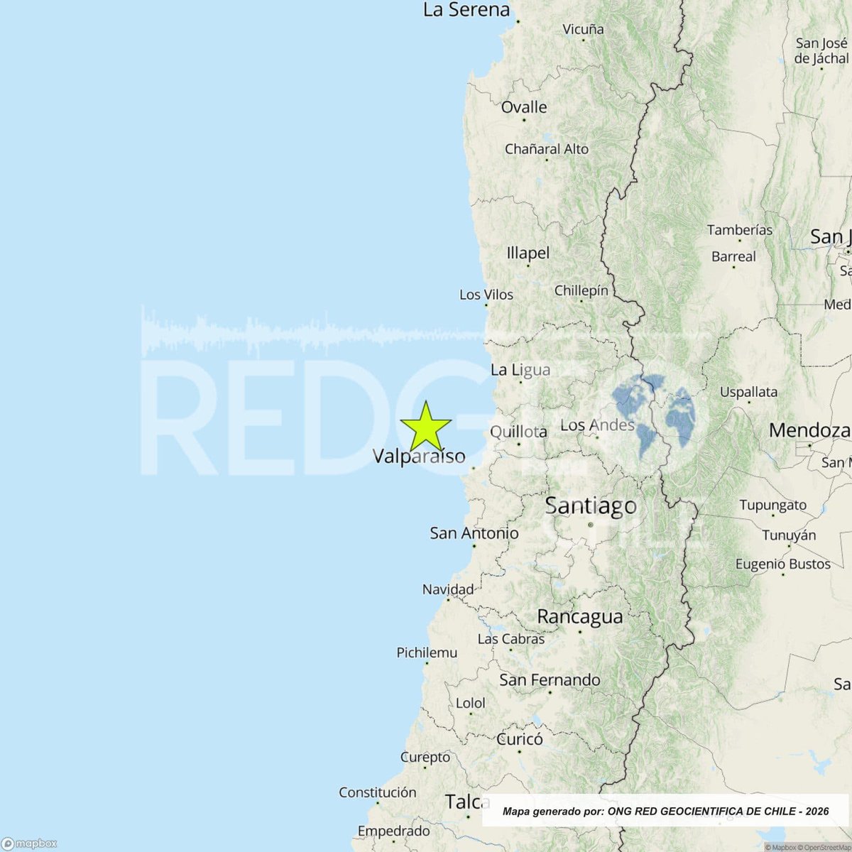 RedGeoChile's tweet photo. REVISADO ⚠️ | Un sismo de magnitud 4.2 (Mlv) ocurrió a las 13:35:18 horas de hoy, domingo 16 de agosto de 2026, a 46 km al oeste de Quintero (región de Valparaíso), con una profundidad de 25 kilómetros (Fuente: CSN).

🚩 Lista de intensidades en la escala de Mercalli Modificada:

Viña del Mar: II-III
Valparaíso: II*
Quilpué: II*
Santiago: II*

Fuente: (*) Red de Informantes Mercalli de RedGeoChile.