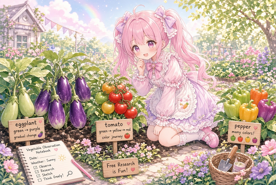 uovxc's tweet photo. 畑の色には育ちの秘密がある 🍆

緑の実が色づくのはなぜかな 👀
日に日に変わる色を見よう 🎨

紫や赤になる野菜もあるよ 🔎
色のもとを調べてみよう 📖

育つ場所でも色は変わるかな ☀️
野菜の変化を楽しもう ✨

#野菜観察 #家庭菜園 #自由研究 https://t.co/8wwBYU23It