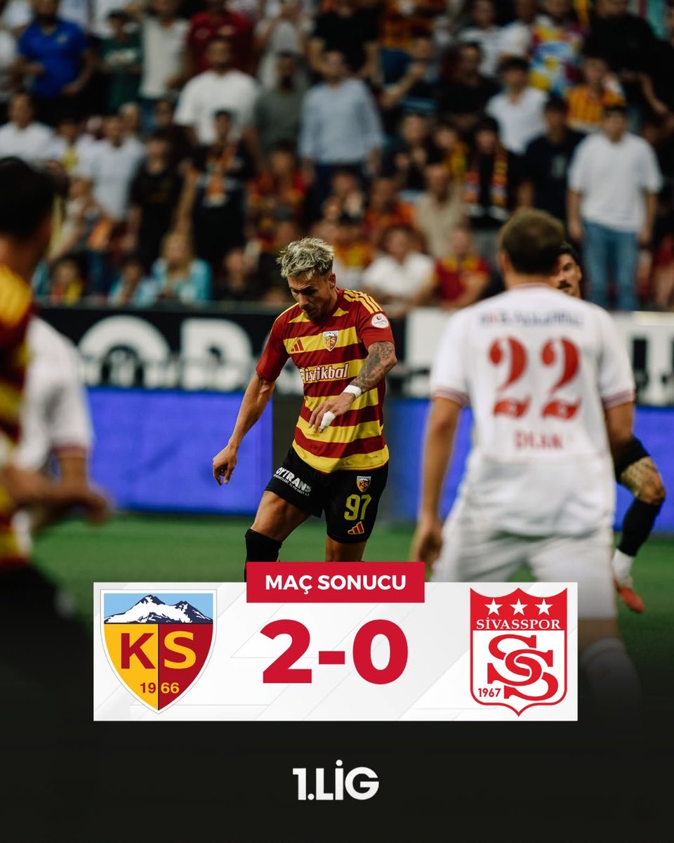 st1lig's tweet photo. Trendyol 1. Lig'in 2. haftasında Kayserispor, sahasında Sivasspor'u 2-0 mağlup etti.

⚽ 3' Benhur Keser
⚽ 45+4' T. Seferi
🟥 83’ Murat Paluli https://t.co/a70Z7WXBlI