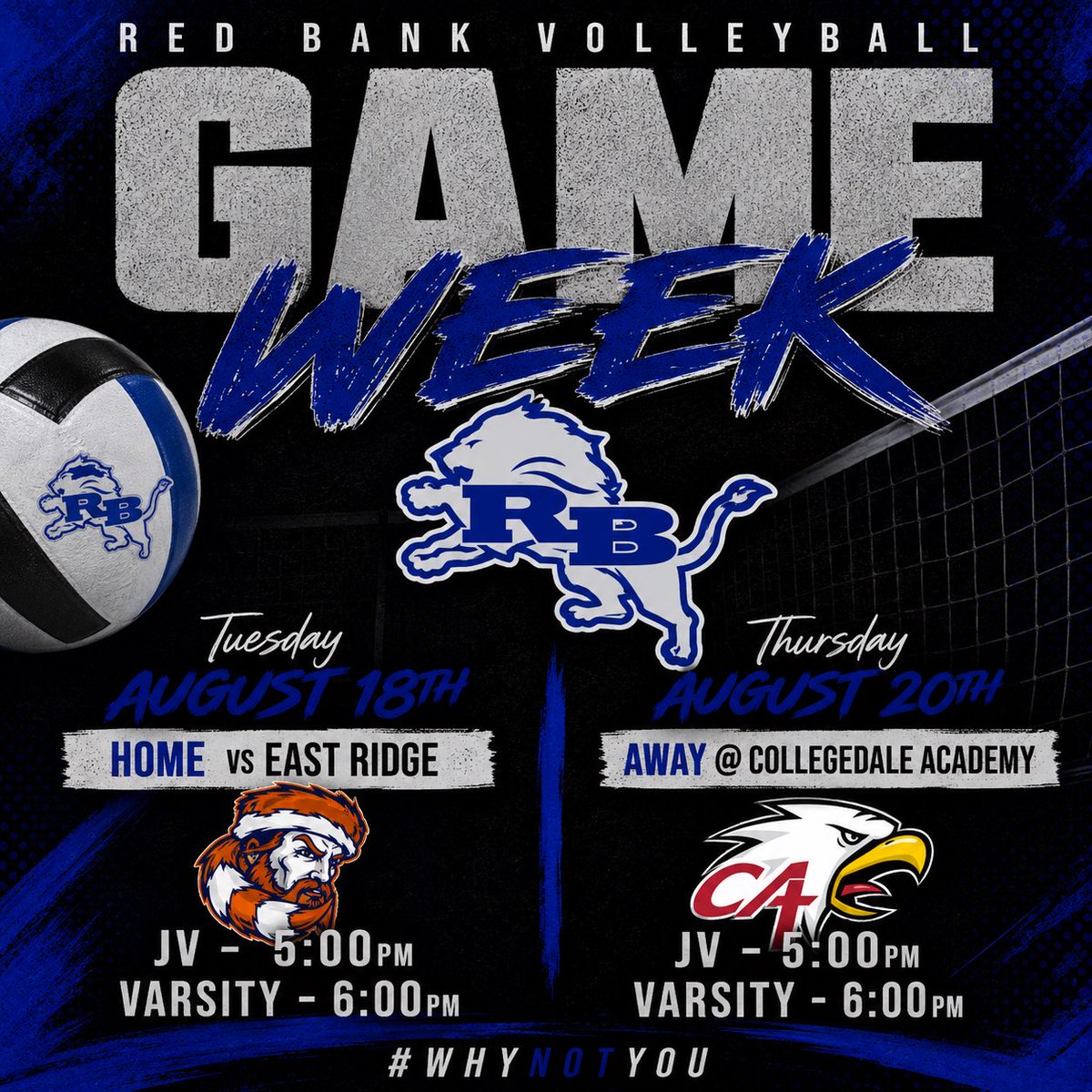 RedBankATH's tweet photo. 🏐 GAME WEEK AT THE BANK! 🦁

Two opportunities to compete this week!

Tuesday 🆚 East Ridge 🏠
Thursday 🆚 Collegedale Academy ✈️

JV | 5:00PM
Varsity | 6:00PM

Time to work. 💙🖤

#WhyNotYou
#BankBUILT🦁
#RedBankVolleyball https://t.co/ndpnKx2Ssr