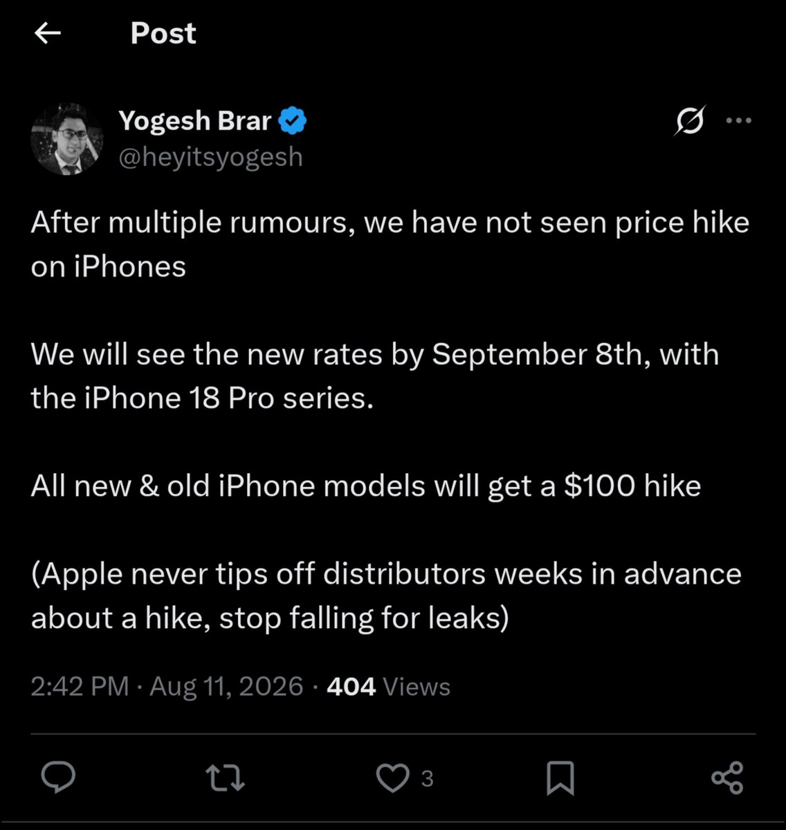 UnfoldsTech's tweet photo. Tous les modèles d'iPhone, anciens et nouveaux, subiront une augmentation de prix de 100 dollars avec le lancement de la série iPhone 18 en septembre. https://t.co/L38eqBzmvZ
