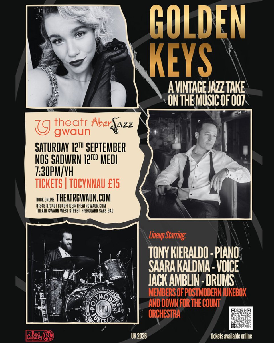 TheatrGwaun's tweet photo. BOND. BUT NOT AS YOU KNOW IT.

Classic 007 themes are reimagined through vintage jazz, ragtime and 1920s glamour in GOLDEN KEYS – THE MUSIC OF JAMES BOND SHOW.

🎬 Sat 12 Sept - 7.30pm
📍 Theatr Gwaun, Fishguard
🎟️ https://t.co/YdicoVK1sh

#TheatrGwaun #Fishguard #Pembrokeshire https://t.co/vGsGhe0odG