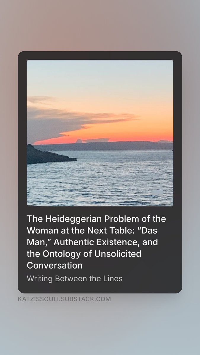 KZiss22's tweet photo. I went to the Aegean to contemplate Cavafy’s Ithaca.

The universe gave me Heidegger’s das Man instead.

Research question: Can authentic existence survive unsolicited conversation?

Methodology: Philosophical reflection. Repeatedly interrupted.

Findings: Das Man was loud. 1/2 https://t.co/wYjNXOzwYG