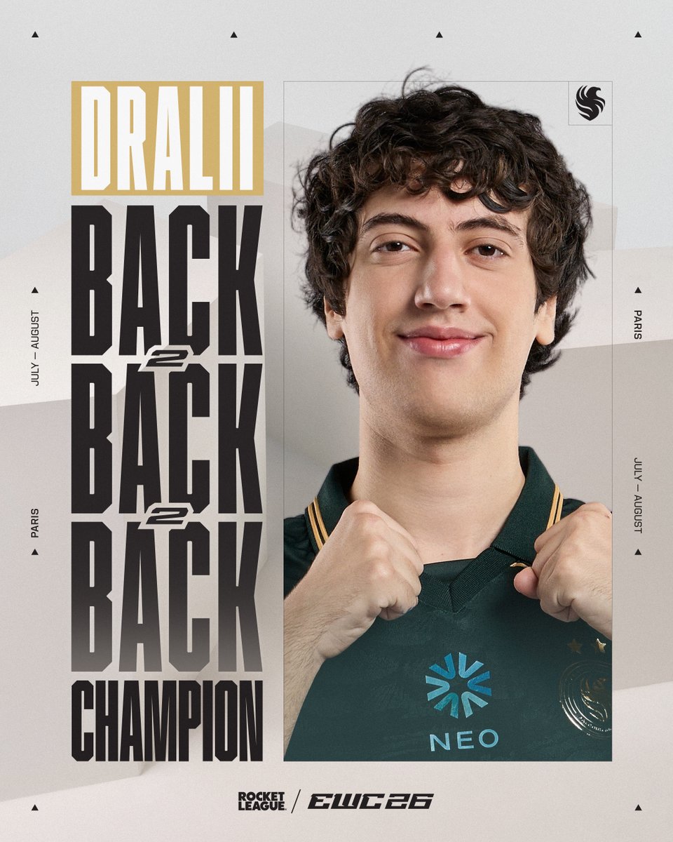 RocketBaguette's tweet photo. ‼️ DRALII EST BACK-TO-BACK-TO-BACK CHAMPION DE L'ESPORTS WORLD CUP ! 🏆🏆🏆

🩷 2024 - Team BDS (@ShiftersGG)
💙 2025 - @KarmineCorp 
💚 2026 - @TeamFalconsGG 

@dralii897 signe l'une des plus grandes performances de l'histoire de ce tournoi & de tout l'esport Rocket League. 🐐