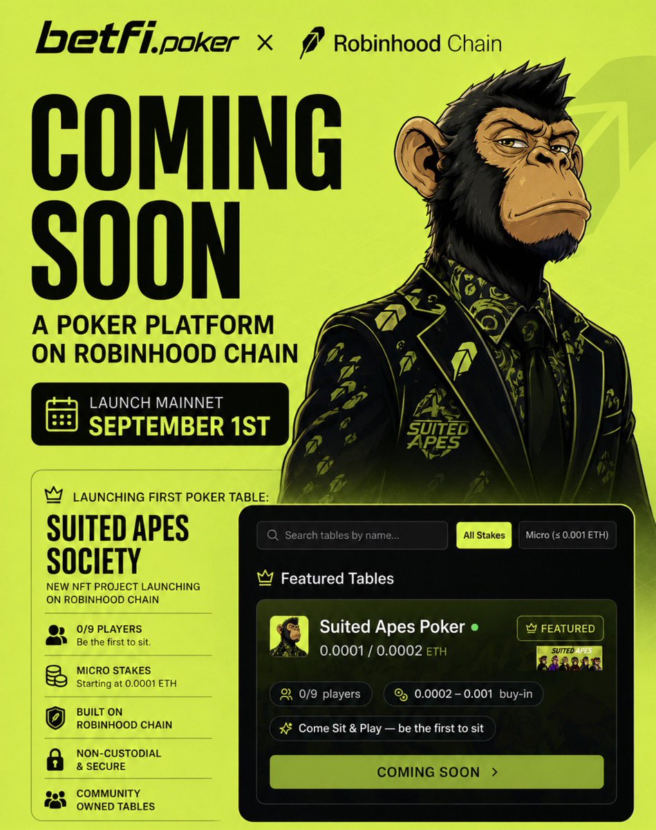 BetFicasino's tweet photo. We’re preparing to bring what could be the first poker platform built on #RobinhoodChain.

And the first RH community to take a seat? 🦍

Suited Ape Society  @thesuitedapes

Mainnet RH #poker launch: September 1st.

New chain. New players. Same game. ♠️ https://t.co/dMIVjblGHG