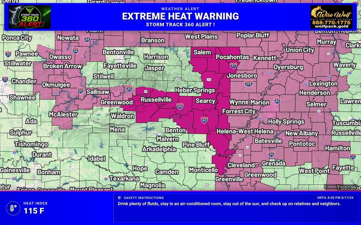 StormTrack360Wx's tweet photo. Continued Event - Extreme Heat Warning for Fulton, Izard | Heat Index: 115 F | Expires at 8:00 PM 8/17/26. https://t.co/Ontu92cAr8
