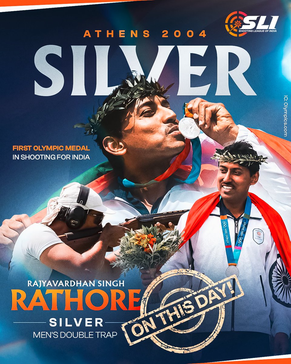 SLI_Live's tweet photo. 𝐇.𝐈.𝐒.𝐓.𝐎.𝐑.𝐈.𝐂! 🫡

On this day, Rajyavardhan Singh Rathore became the first Indian shooter to win an Olympic medal. His silver medal in the men's double trap at Athens 2004 kick-started a rich legacy for India in sports shooting.

 #SLITakesAim #OnThisDay https://t.co/aMmlNAzH1o