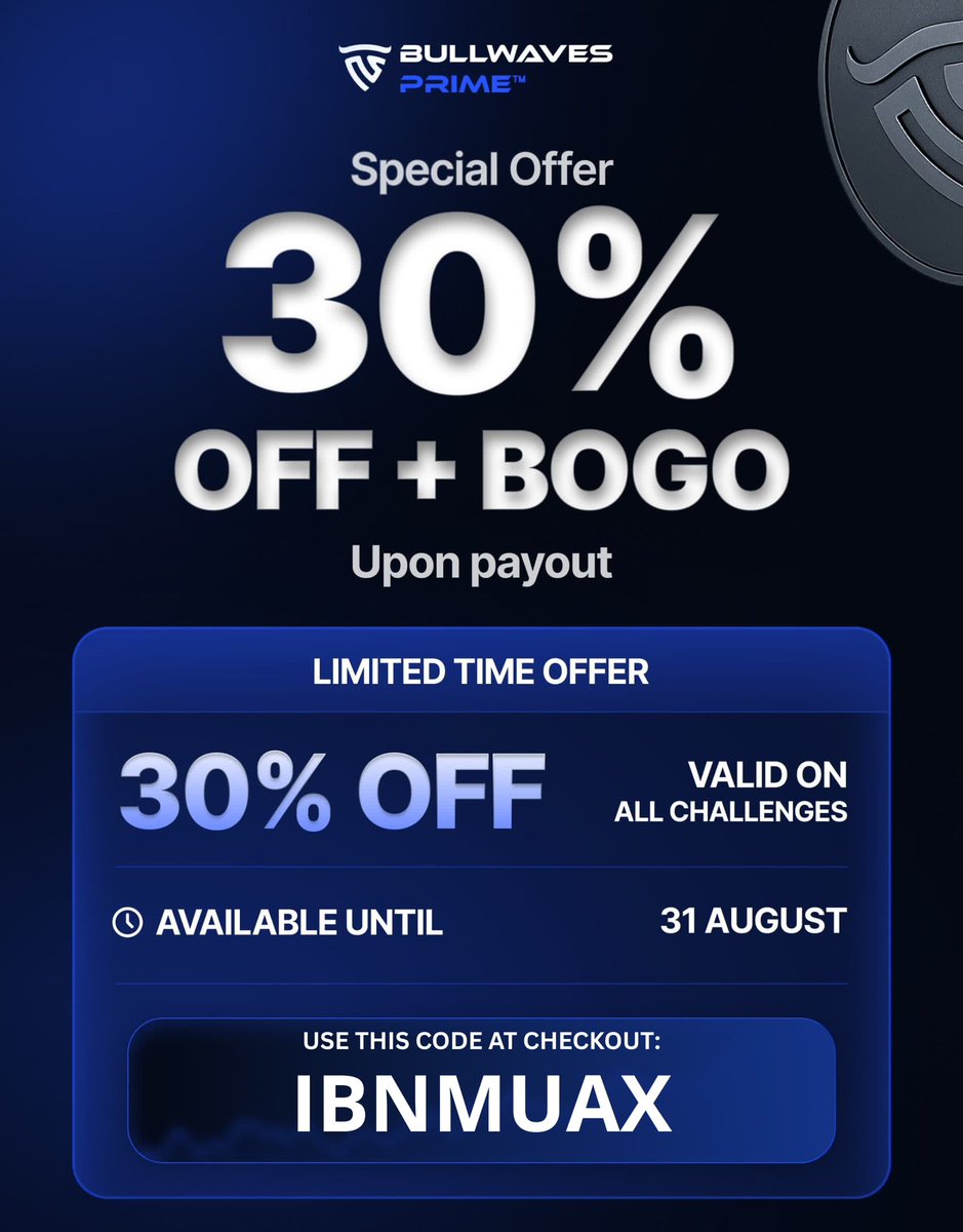 ibnmuax_fx's tweet photo. 🔥 30% OFF + BOGO DEAL! 🔥

Bullwaves Prime is bringing a special limited time offer! 🚀

Get 30% OFF all challenges and enjoy the BOGO offer upon payout. 💰

⏳ Offer valid until 31 August
🎟️ Code: IBNMUAX

Don’t miss out! 🔥📈 https://t.co/U37SqbCMBV