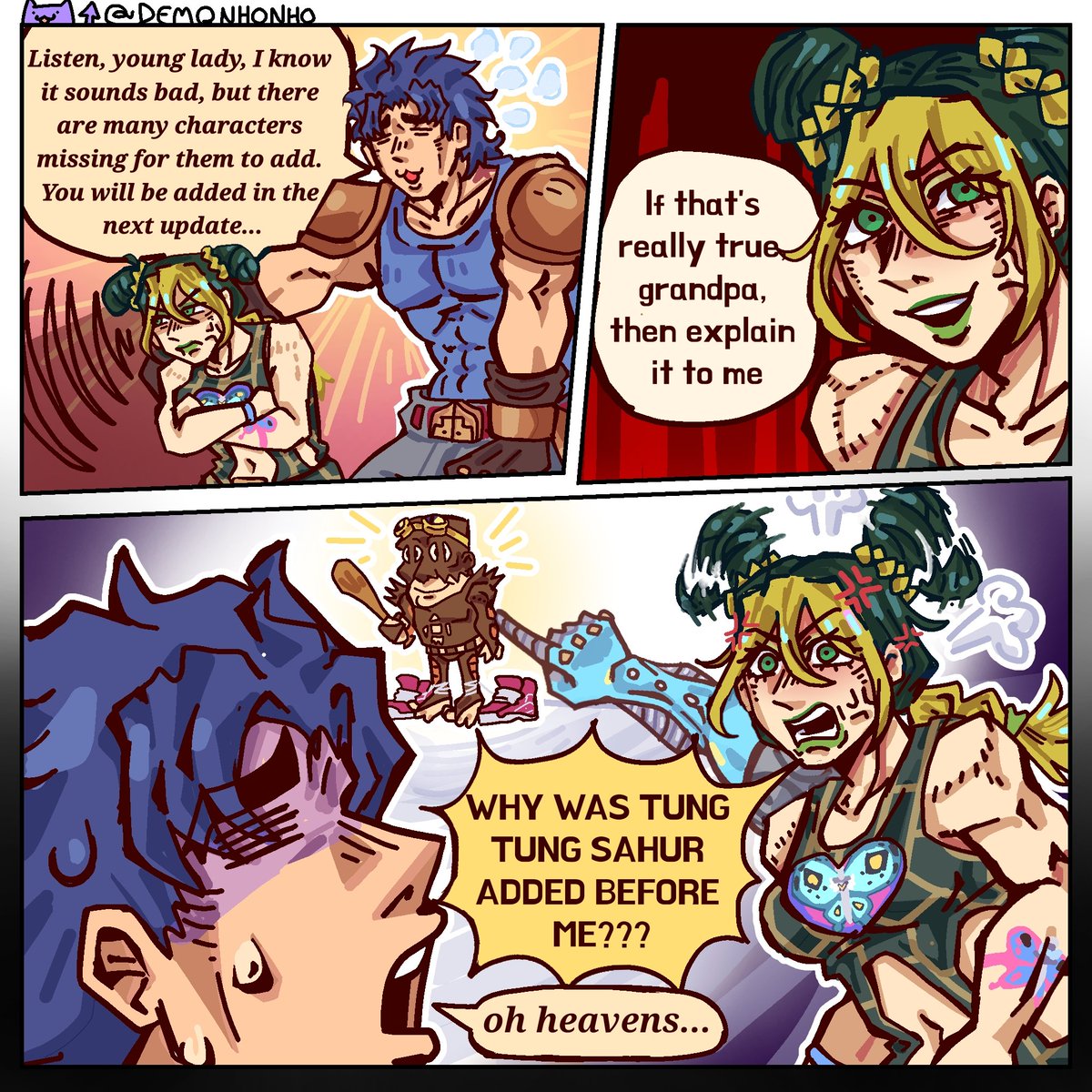 Demonhonho's tweet photo. Injustice
 (idea by: @josukepillled )
#jolynecujoh #jonanthanjoestar #langwrangler #jjba #jjbaGS https://t.co/EP4wTSJtQX