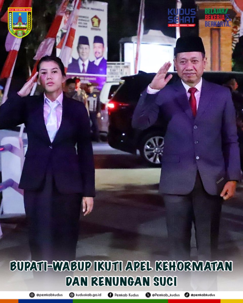 kuduspemkab's tweet photo. Senin (17/8/2026), Bupati Kudus Sam'ani Intakoris dan Wakil Bupati Bellinda Birton mengikuti Apel Kehormatan dan Renungan Suci (AKRS) di Taman Makam Pahlawan Setya Pertiwi, sebagai penghormatan bagi para pahlawan yang berjuang merebut dan mempertahankan kemerdekaan. https://t.co/sQ7Vxy3W09
