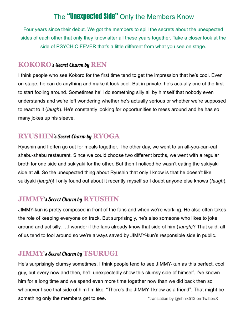 nhnix512's tweet photo. [07.08.26] (Eng trans) MEN'S UNIT Vol.33 📖

PSYCHIC FEVER
"IGNITE OUR DREAMS"
The "DIFFERENT" Charms of 7 Members

(p.10/10)

#PSYCHICFEVER
#PCF_DIFFERENT https://t.co/VlsBcrsa3h
