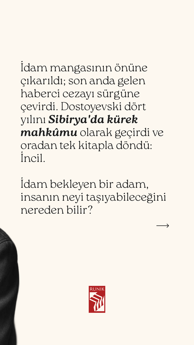 RunikKitap's tweet photo. 1849'da idam mangasının önüne çıkarıldı; ceza son anda sürgüne çevrildi. Dört yıl Sibirya. Dostoyevski oradan tek kitapla döndü. #RunikKitap #Dostoyevski https://t.co/vQyuyWOWn5