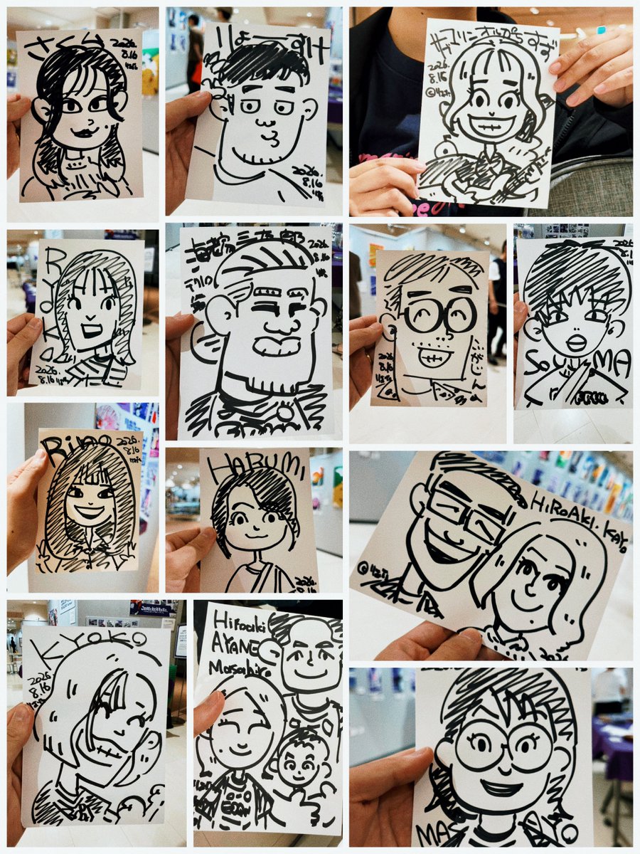 riota2gaoe's tweet photo. 昨日のグッズ購入特典の似顔絵企画で描かせていただいた沢山の方々ありがとうございました！

即興で描きながら目の前の���張される人を描いて完成品を渡すと喜ぶ姿を見ると心が満たされ、自分が絵を描く意味を改めて再認識出来ます。17日(月)18日(火)19日(水)の残り3日間も購入特典企画を実施していますのでお気軽にどうぞ！