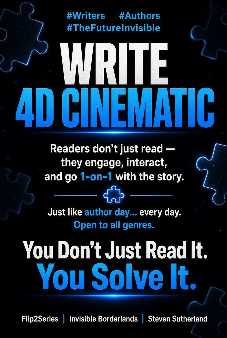 KrisKent4D's tweet photo. #Writers #Authors
#TheFutureInvisible
Write 4D Cinematic.
Readers don’t just read — they engage, interact, and go 1-on-1 with the story.
Just like author day… every day.
Open to all genres.
You don’t just read it.
You solve it. https://t.co/WAEgLE0aBq