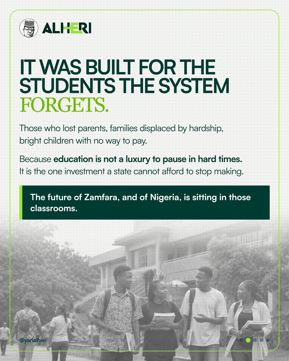 Yarialheri's tweet photo. Across all 14 local governments of Zamfara, over 2,000 students, those who lost parents, whose families were displaced, or simply couldn't afford fees, are still in school today. Full fees paid, plus ₦15,000 every month to keep them there. And most have never met the man behind it, Senator Abdulaziz Yari.

Alheri. The good you do quietly.

#yarialheri #yarialherine