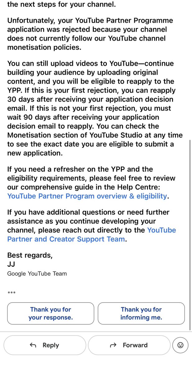 hughdoesyoutube's tweet photo. 🚨 Day 7, still no updates from @TeamYouTube so we have decided we will only tweet once a week from now on. Thank you everyone for your help & god bless you all! 🙏❤️

All of our automated responses and support chats, emails and photos of our vague denied application "Violations of the YouTube monetisation policies" will be attached below. If you, or anyone you know has been demonetized without clarification on the policy they broke, please tag them and share your experience. So far I have only found 4 other people with this issue but I'm sure there's more! 💔@YouTubeLiaison 

Instead of waiting 90 days we deserve to know the policy we violated, whether its "reused content" , "misleading family content," "Unsatisfying, generic content" etc.

Channel URL: https://t.co/Yor8UiPYnh