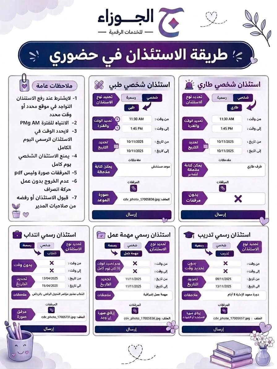 aljouza_sa's tweet photo. 📌 دليلك للاستئذان في حضوري!
كل أنواع الاستئذان وخطوات التقديم موضحة بشكل مبسّط وواضح ✨
احفظ المنشور وشاركه ليستفيد الجميع 💜

#حضوري #الاستئذان #التعليم #وزارة_التعليم #دليل_حضوري #منصة_الجوزاء #الجوزاء https://t.co/sSIg5cGo1P