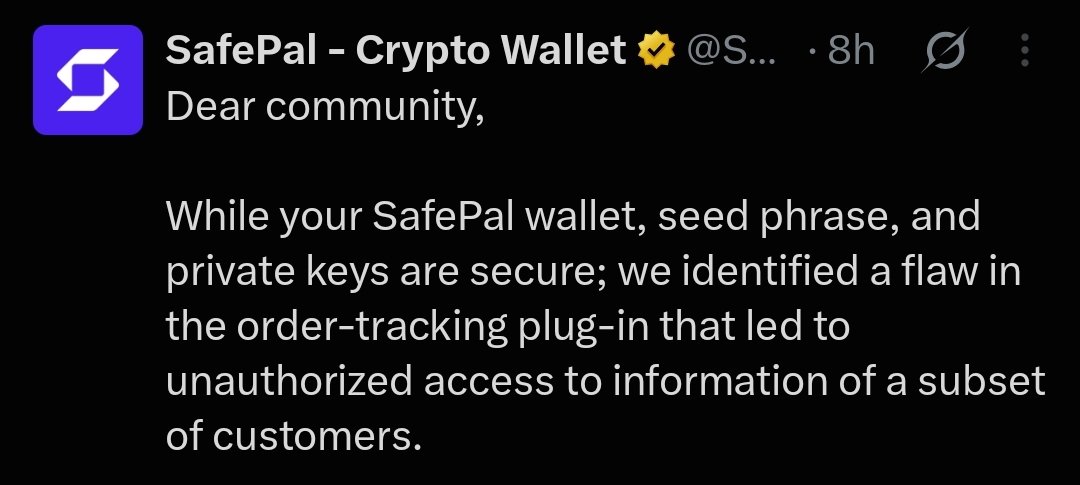 0xkingsmans's tweet photo. SafePal confirmed a data breach affecting 39,798 customers. @SafePal

✅ Seed phrases & private keys are safe  
✅ Wallet passwords & payment details are safe  

Leaked info:  
Name, email, phone number, shipping address & purchase details

⚠️ This data will likely be used for phishing emails and scam calls.

Stay alert. Never share your seed phrase with anyone.