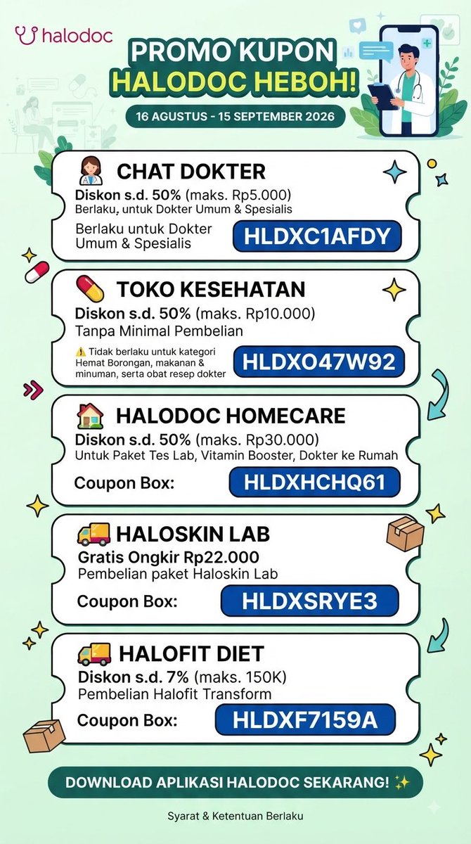 kupon_halodoc's tweet photo. Yuk, catat dan simpan kodenya! 🩺💊
Nikmati Promo Kupon Halodoc Heboh periode 16 Agustus - 15 September 2026 untuk berbagai kebutuhan kesehatanmu dengan harga lebih hemat!

#17agustus #hutri81 #zonajajan https://t.co/8DCGxrHTvY