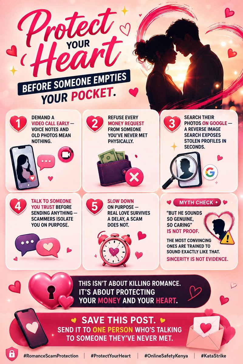 xhizo034's tweet photo. ❤️ Protect your heart AND your wallet. Video-call early. Never send money to someone you haven’t met. Reverse-search their photos. Talk to someone you trust. Slow down—real love survives a delay; scams don’t. 🚩

#RomanceScamProtection #OnlineSafetyKenya https://t.co/EqIYrFNLbz