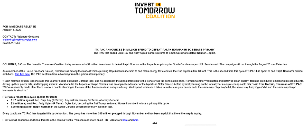 TaraServatius's tweet photo. THIS IS GETTING RIDICULOUS. Now even the Democrat PACs are trying to help Darline Graham defeat Ralph Norman in the South Carolina GOP primary.

Billionaire Democrat donor Kris Larsen spent $11 million to elect Kamala Harris in 2024. Larsen's PAC, Invest in Tomorrow Coalition just announced they're spending $1 million to defeat Norman and elect Graham. 

Even Democrats know Graham is a Democrat. They're hoping South Carolina voters don't figure it out before August 25.